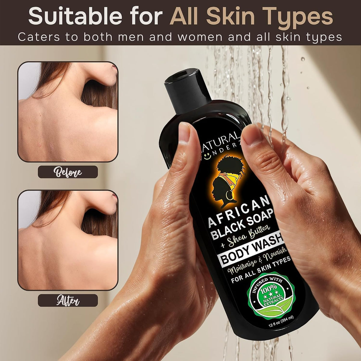 African Black Soap Body Wash, 12 Oz – Sulfate‑Free, Vegan Cleanser with Shea Butter – Soothing, Detoxifying Shower Gel for Men & Women