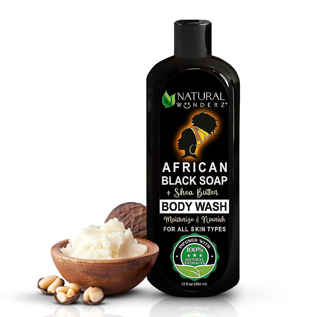 African Black Soap Body Wash, 12 Oz – Sulfate‑Free, Vegan Cleanser with Shea Butter – Soothing, Detoxifying Shower Gel for Men & Women