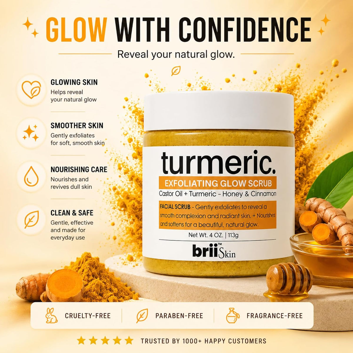 Turmeric Honey Sugar Scrub with Pumice for Face, Dark Spots, Acne, Deep Pore Exfoliating Facial Cleanser for Radiant, Even-Tone Skin
