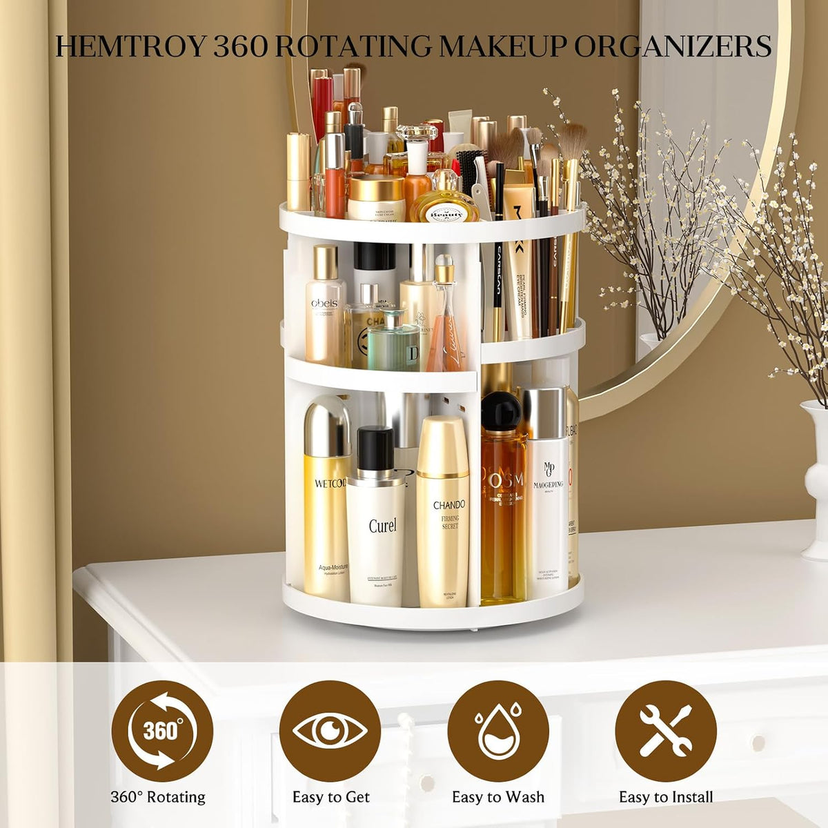 Makeup Organizer 360 Rotating, Adjustable Skincare Organizers with Brush Holder, Cosmetics Display Cases for Vanity Bathroom Countertop Large Capacity Carousel Make up Caddy Shelf (White)