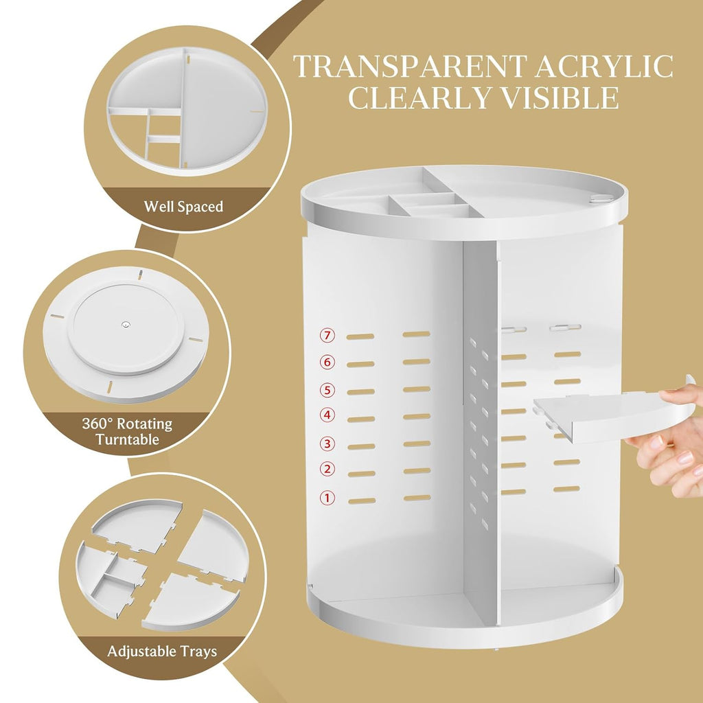 Makeup Organizer 360 Rotating, Adjustable Skincare Organizers with Brush Holder, Cosmetics Display Cases for Vanity Bathroom Countertop Large Capacity Carousel Make up Caddy Shelf (White)