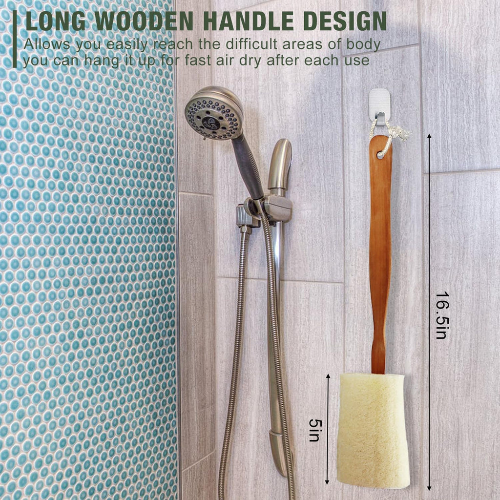 2 Pack Natural Exfoliating Loofah Luffa Loofa Bath Brush on a Stick, Shower Sponge Back Scrubber with Long Wooden Handle for Men & Women, Deep Clean and Invigorate Your Skin Back Brush
