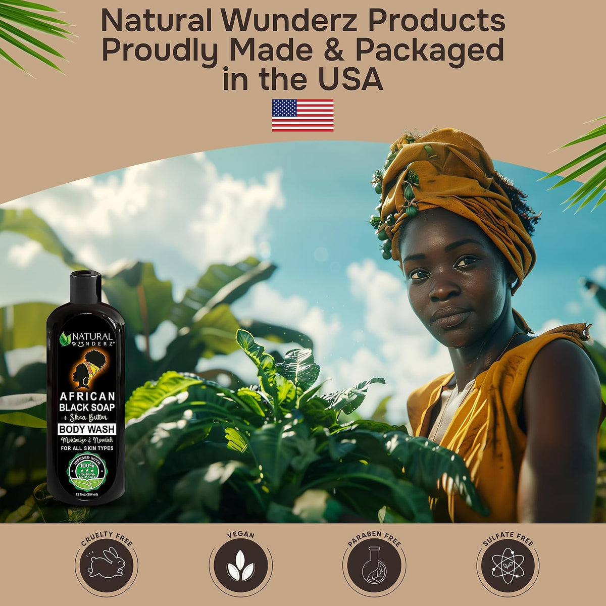 African Black Soap Body Wash, 12 Oz – Sulfate‑Free, Vegan Cleanser with Shea Butter – Soothing, Detoxifying Shower Gel for Men & Women