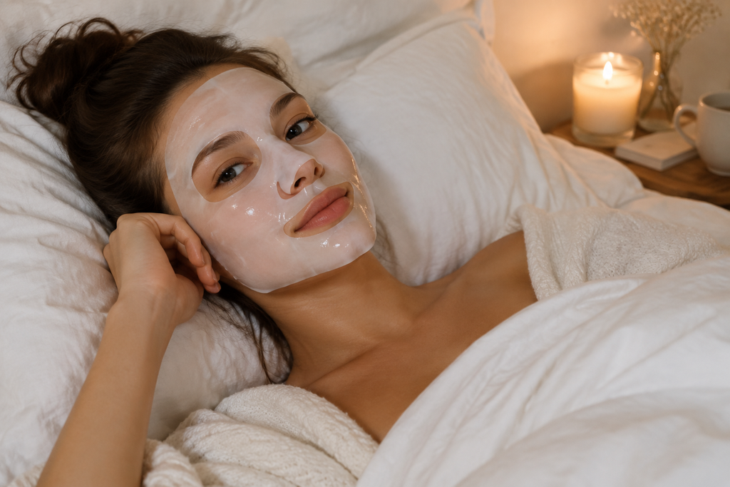 Woman relaxing with collagen hydrogel face sheet mask