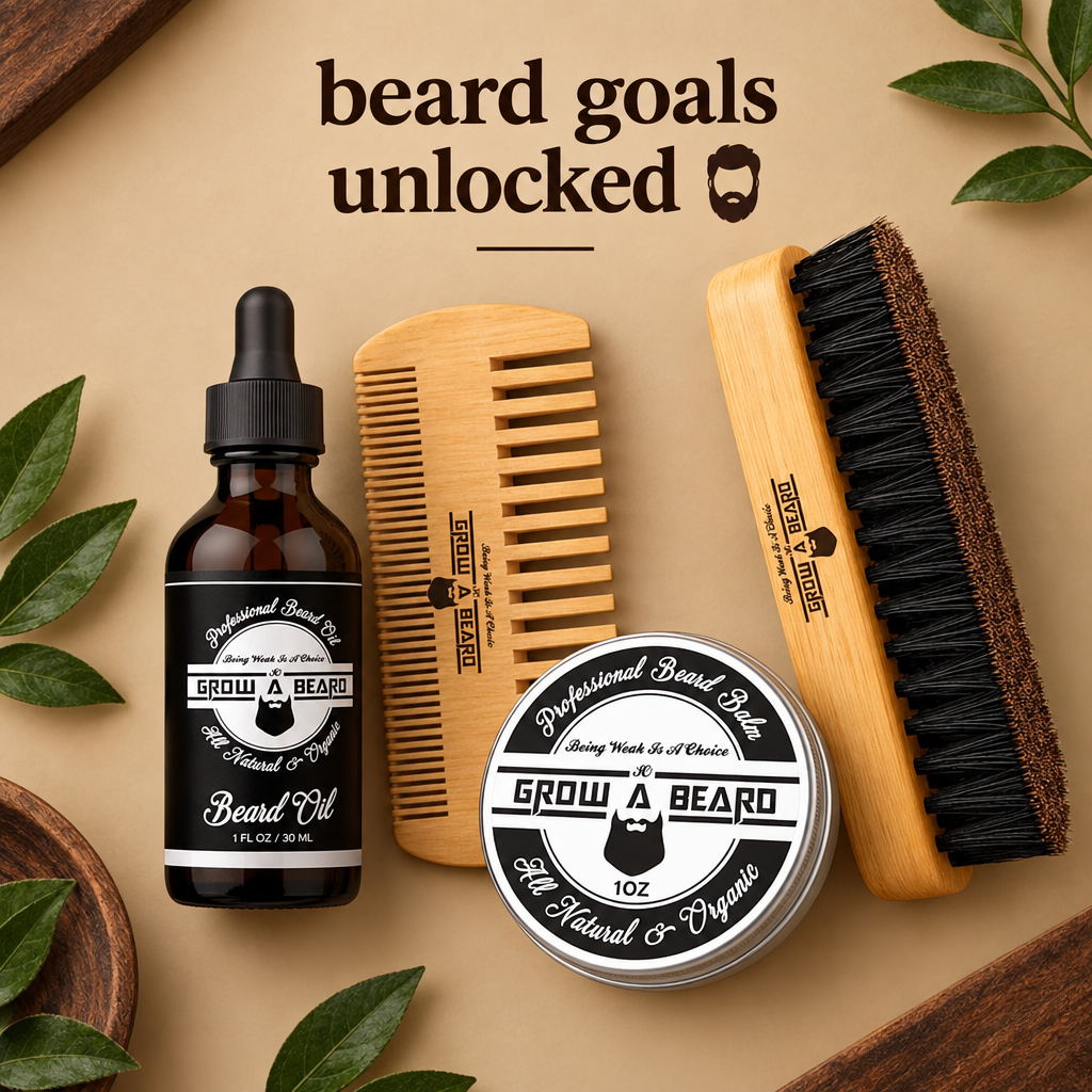 Beard grooming kit flat lay with brush, comb, oil and balm on beige background