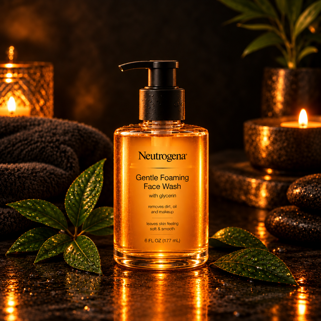 Gentle foaming face wash glass bottle with orange liquid and black pump top