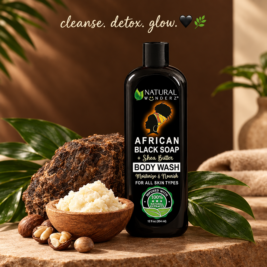 African black soap body wash bottle on warm dark brown and cream background with natural soap and shea butter props