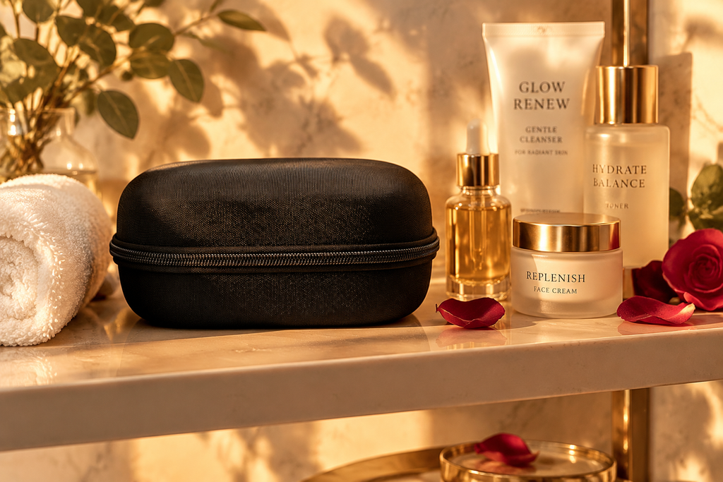 Black hard case on bathroom shelf lifestyle flatlay