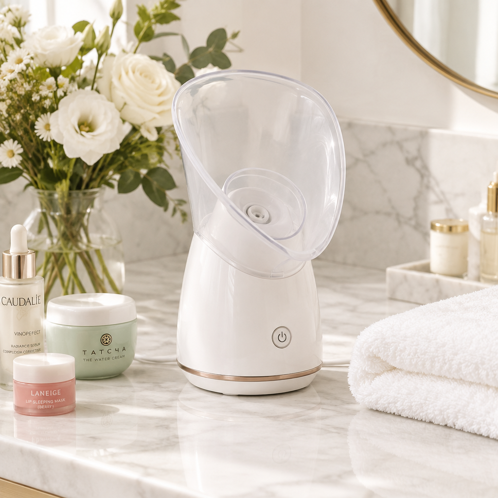 Facial steamer with protective cover on marble shelf