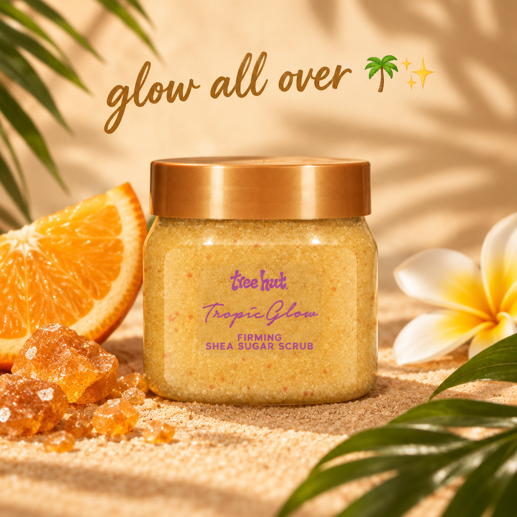 Tropical sugar body scrub jar on sandy beige background with tropical props