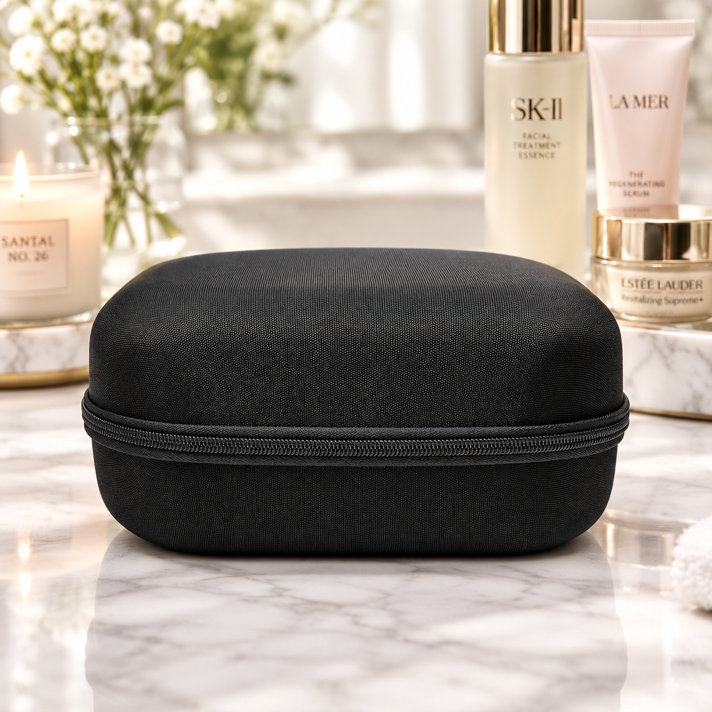 Black hard case closed front view on marble vanity