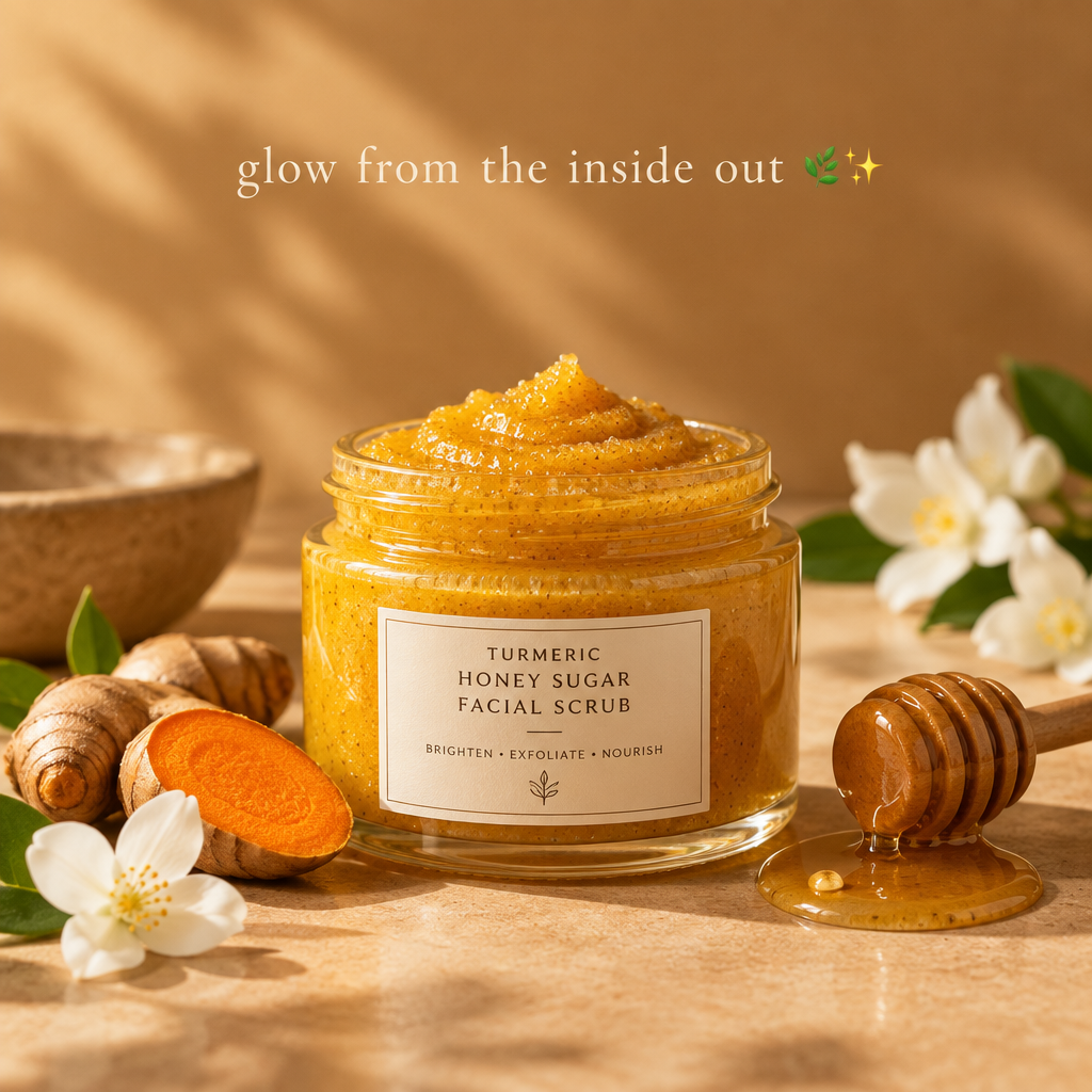 Golden turmeric honey facial scrub jar on warm honey-toned background with turmeric and flowers
