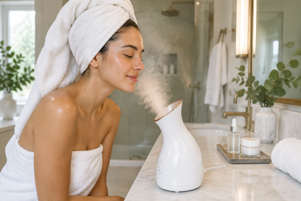 Woman using a facial steamer in a modern bathroom