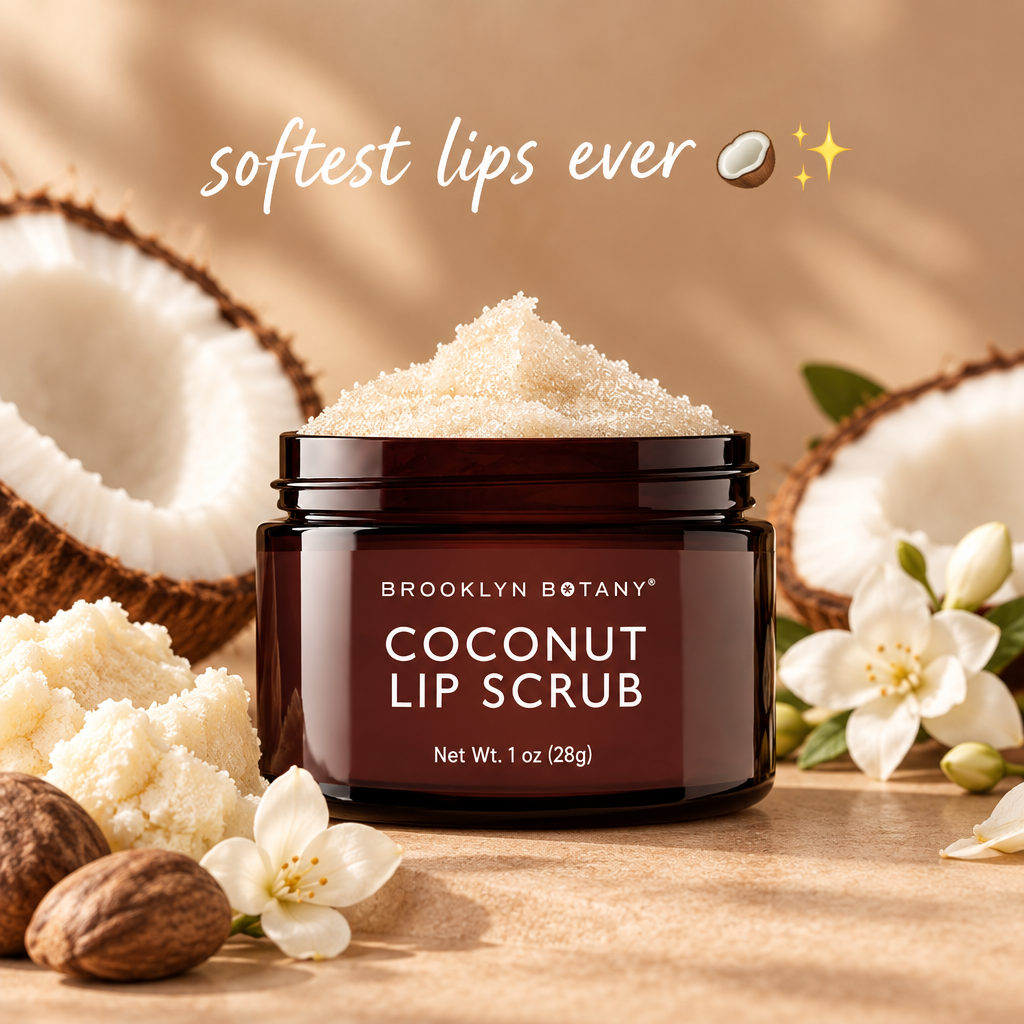 Coconut lip scrub jar on warm beige background with coconut and flowers