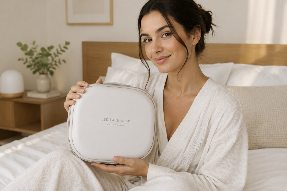 Woman holding LED face mask hard case in modern bedroom