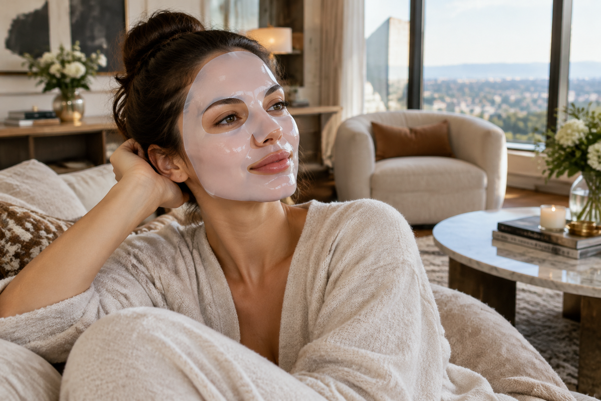 Woman relaxing with collagen hydrogel face sheet mask in a luxurious modern living room