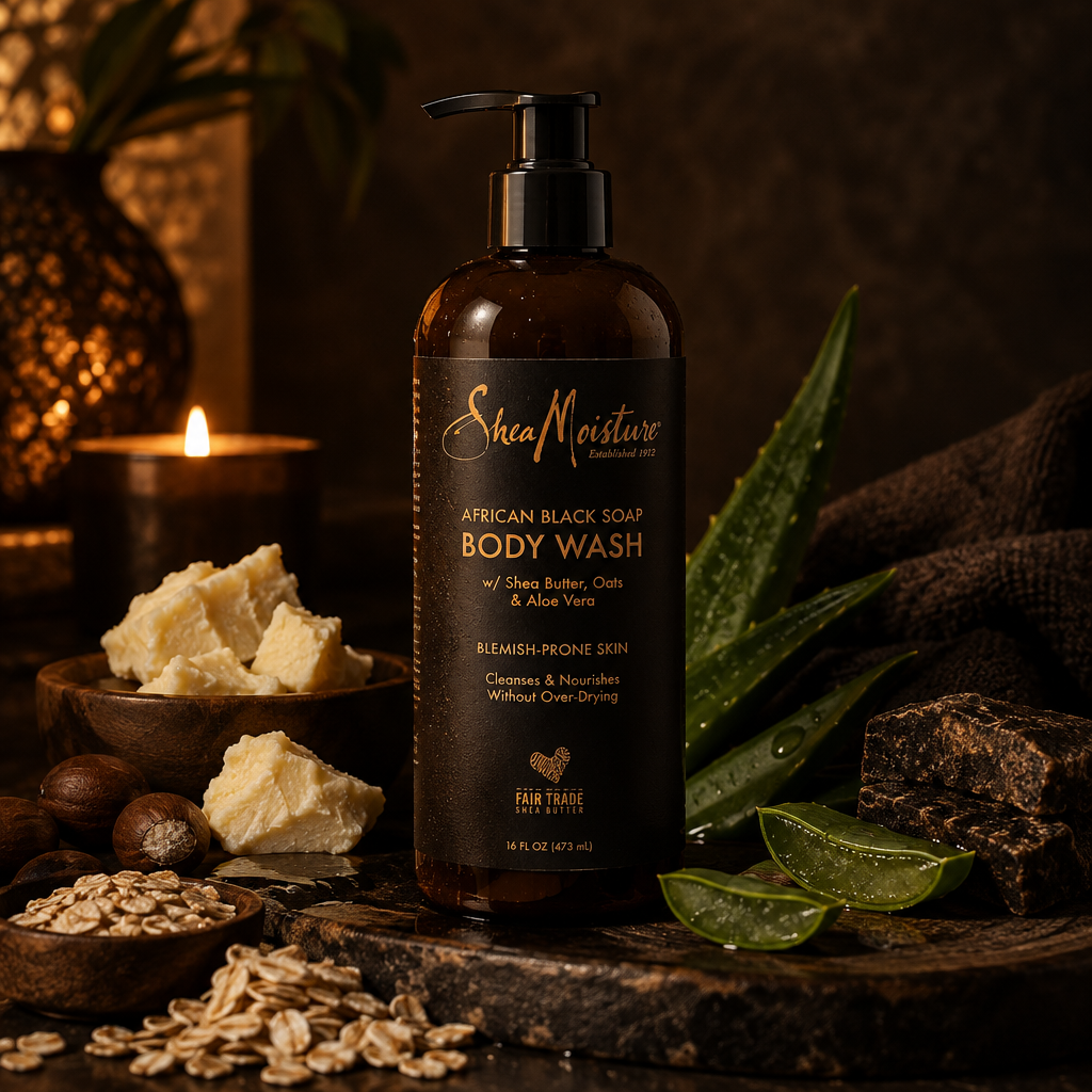 SheaMoisture African Black Soap Body Wash cozy dark lifestyle photo