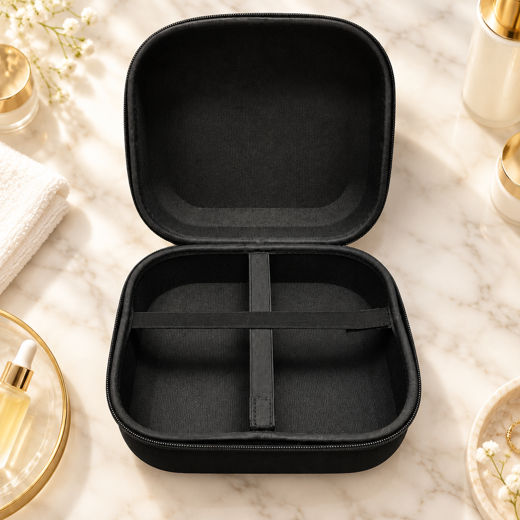 Black hard case interior overhead view on marble