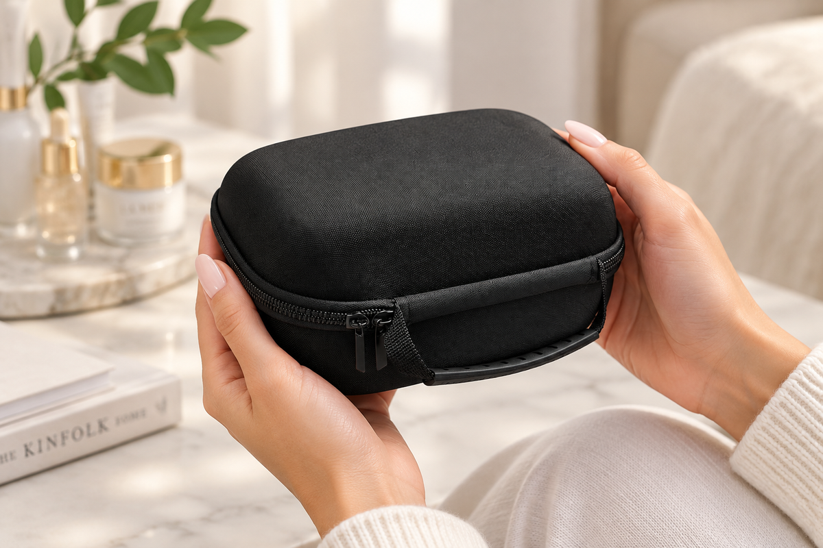 Woman's hands holding black hard protective case