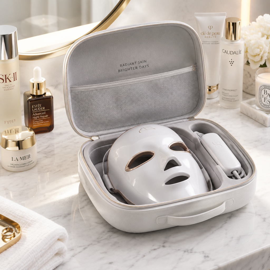 Hard protective case for LED face mask on marble vanity
