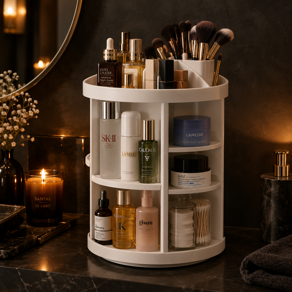 360 rotating makeup organizer on a dark cozy vanity countertop