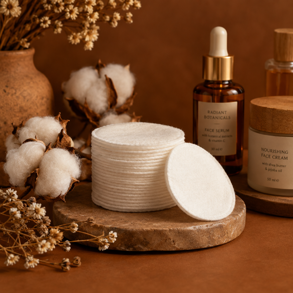 Soft round cotton pads on a warm brown cozy background