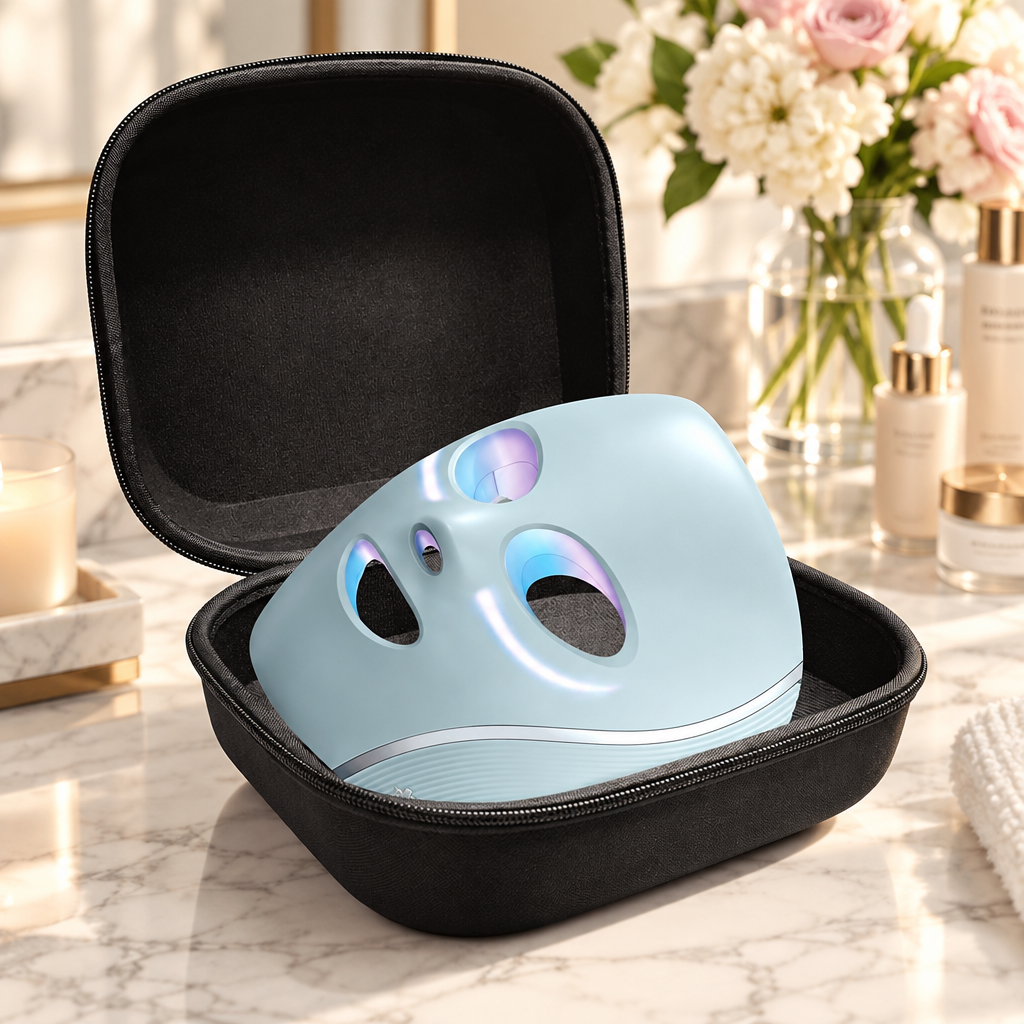 LED face mask hard case open on marble vanity