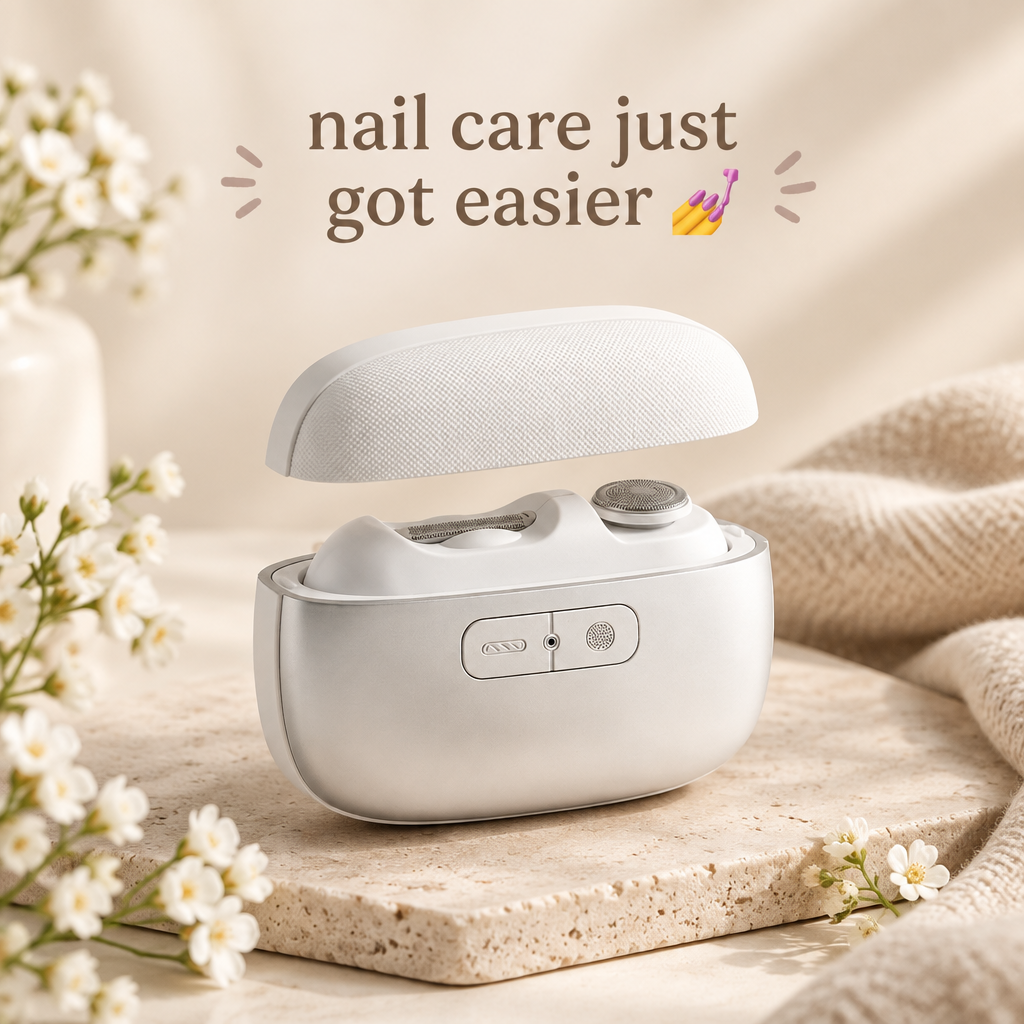 Electric nail clipper on warm beige background with minimal styling