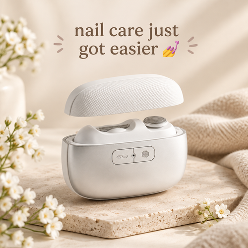 Electric nail clipper on warm beige background with minimal styling